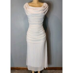 White Sheer Mesh Ruched Maxi Dress Size 1X Resort Wedding Cowl Neck